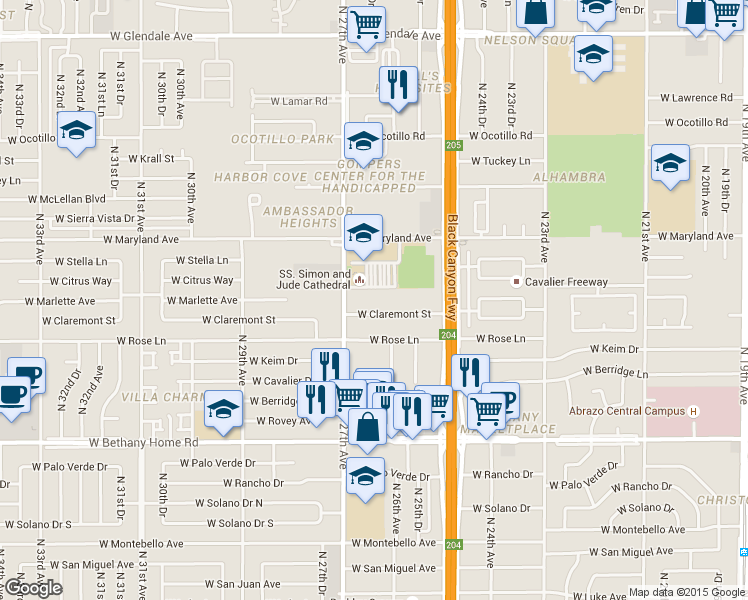 map of restaurants, bars, coffee shops, grocery stores, and more near 6241 North 27th Avenue in Phoenix
