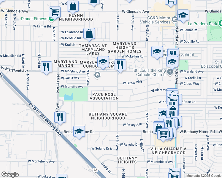 map of restaurants, bars, coffee shops, grocery stores, and more near 6372 North 47th Avenue in Glendale