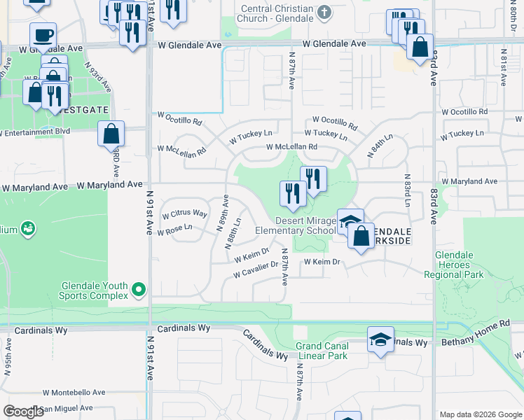 map of restaurants, bars, coffee shops, grocery stores, and more near in Glendale