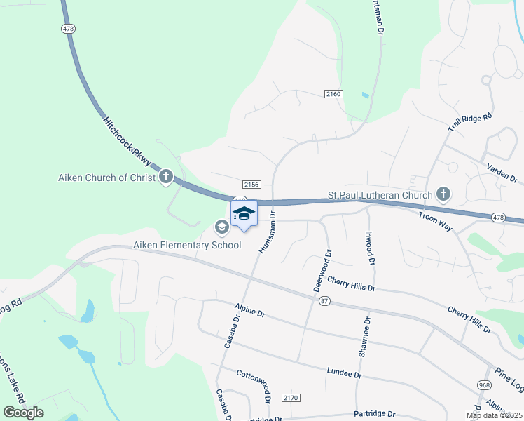 map of restaurants, bars, coffee shops, grocery stores, and more near 1843 Huntsman Drive in Aiken