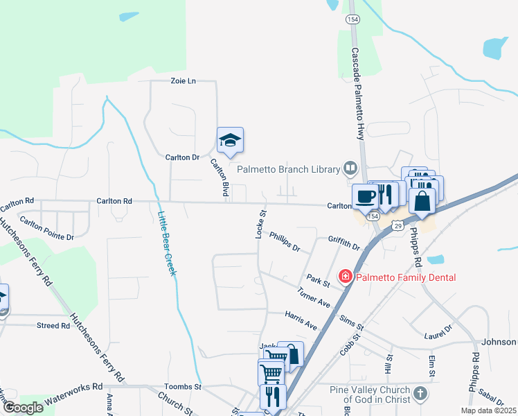 map of restaurants, bars, coffee shops, grocery stores, and more near 504 Carlton Road in Palmetto