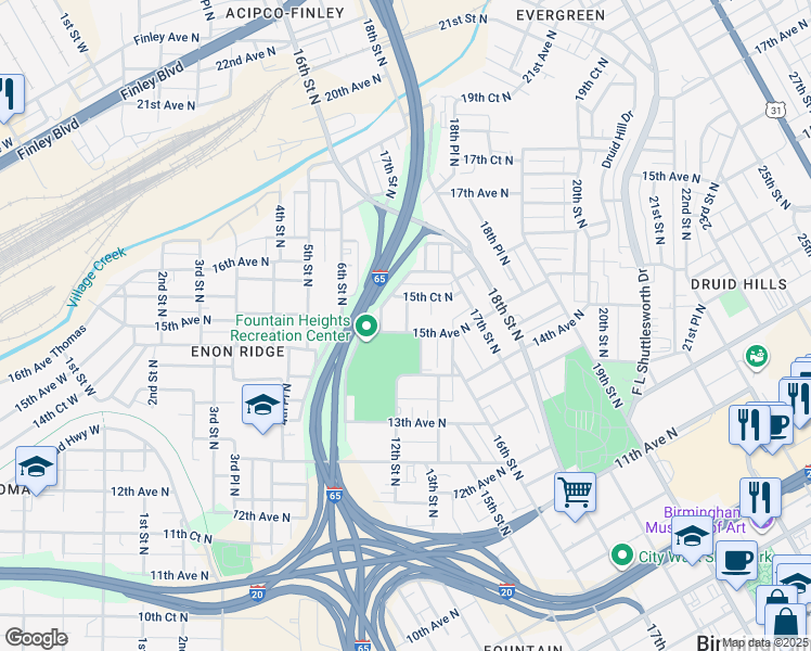 map of restaurants, bars, coffee shops, grocery stores, and more near 1512 12th Street North in Birmingham
