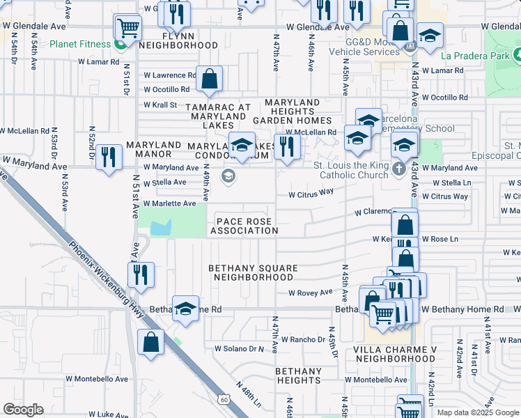 map of restaurants, bars, coffee shops, grocery stores, and more near 6372 North 47th Avenue in Glendale