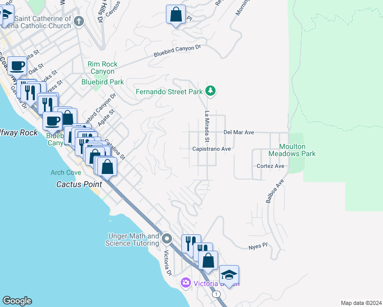 map of restaurants, bars, coffee shops, grocery stores, and more near 970 Baja Street in Laguna Beach