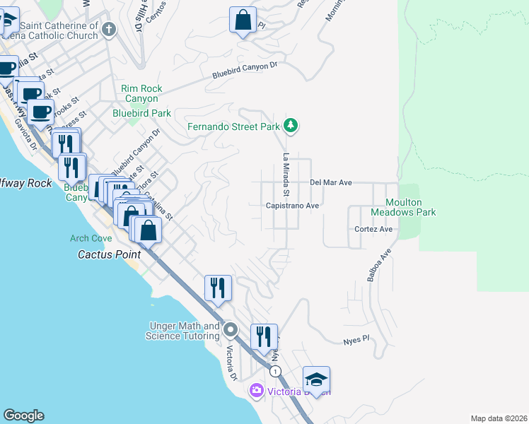 map of restaurants, bars, coffee shops, grocery stores, and more near 970 Baja Street in Laguna Beach