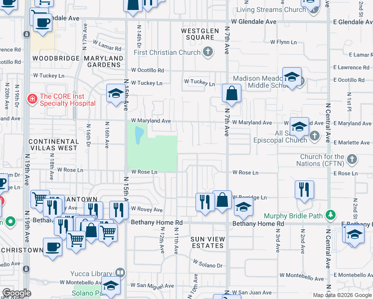 map of restaurants, bars, coffee shops, grocery stores, and more near 926 West Claremont Street in Phoenix