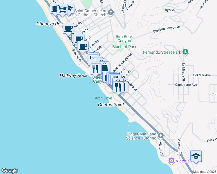 map of restaurants, bars, coffee shops, grocery stores, and more near 1655 South Coast Highway in Laguna Beach