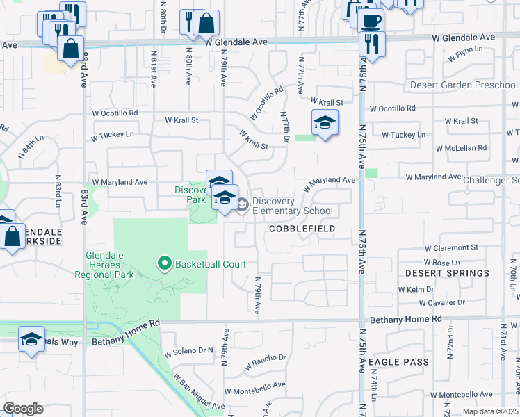 map of restaurants, bars, coffee shops, grocery stores, and more near 6424 North 78th Lane in Glendale