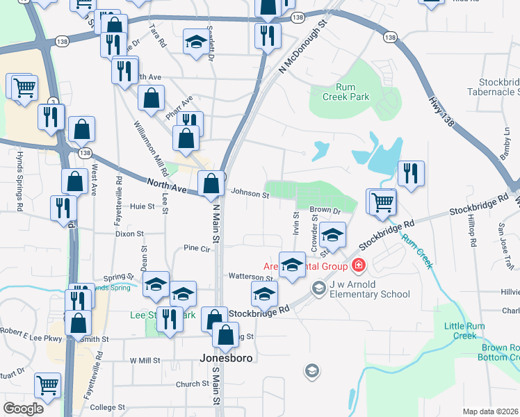 map of restaurants, bars, coffee shops, grocery stores, and more near 217 Wallis Street in Jonesboro