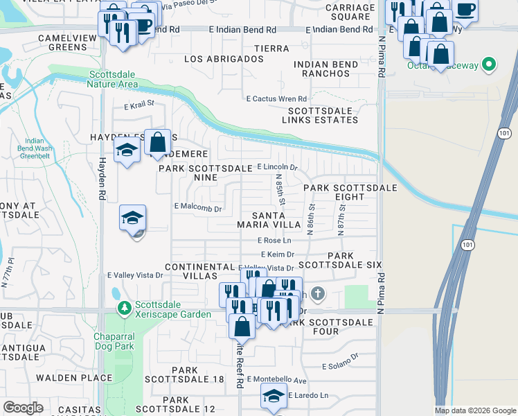 map of restaurants, bars, coffee shops, grocery stores, and more near 8431 East Citrus Way in Scottsdale