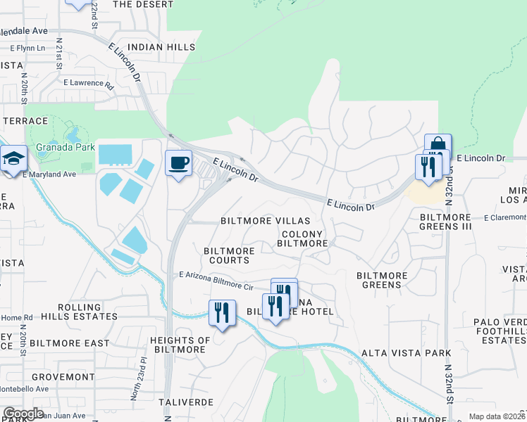 map of restaurants, bars, coffee shops, grocery stores, and more near 6198 North 28th Place in Phoenix