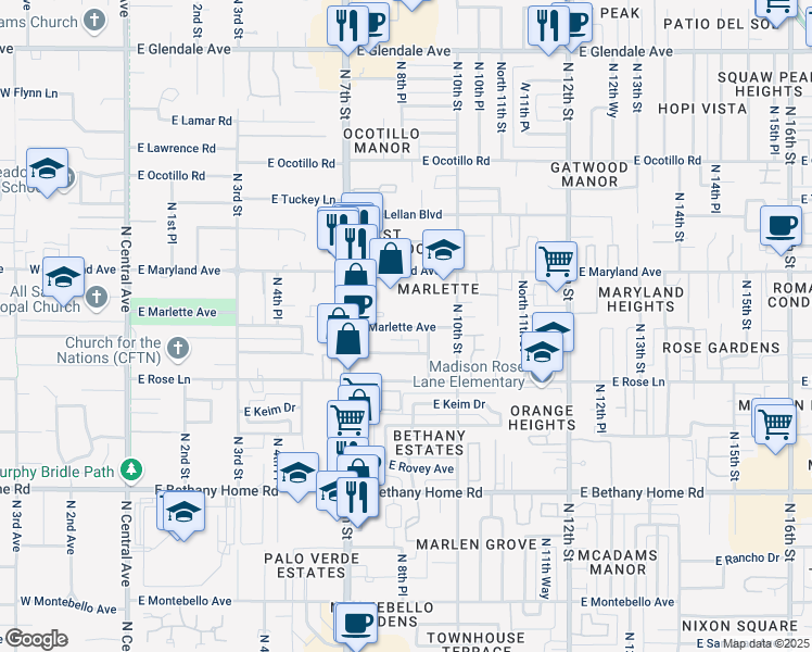 map of restaurants, bars, coffee shops, grocery stores, and more near 910 East Marlette Avenue in Phoenix