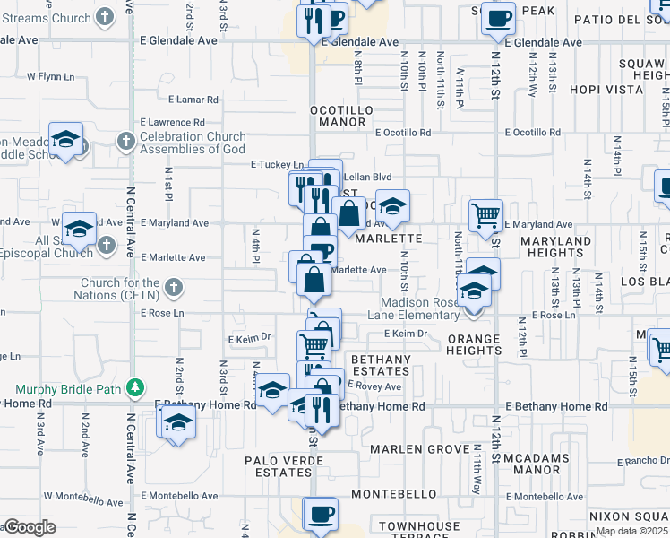 map of restaurants, bars, coffee shops, grocery stores, and more near 730 East Marlette Avenue in Phoenix