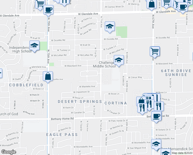 map of restaurants, bars, coffee shops, grocery stores, and more near 6421 North 71st Drive in Glendale