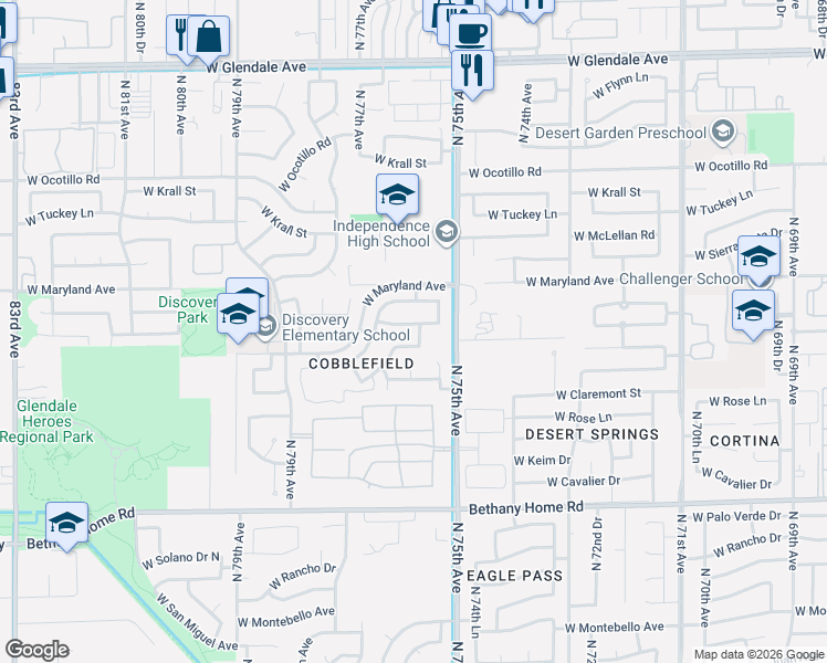 map of restaurants, bars, coffee shops, grocery stores, and more near 7588 West Citrus Way in Glendale