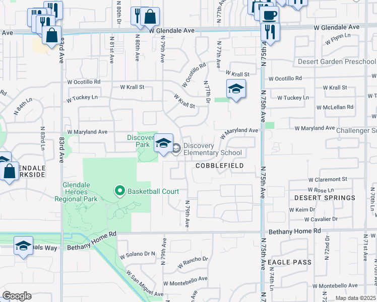 map of restaurants, bars, coffee shops, grocery stores, and more near 6424 North 78th Lane in Glendale