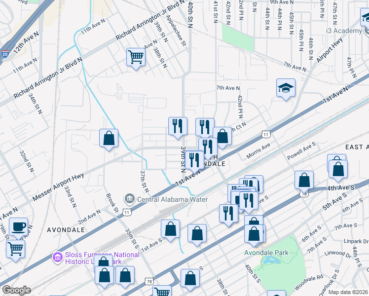 map of restaurants, bars, coffee shops, grocery stores, and more near 3828 Messer Airport Highway in Birmingham