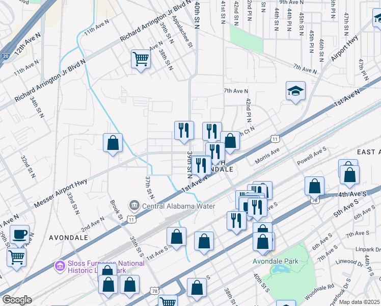 map of restaurants, bars, coffee shops, grocery stores, and more near 3901 Messer Airport Highway in Birmingham