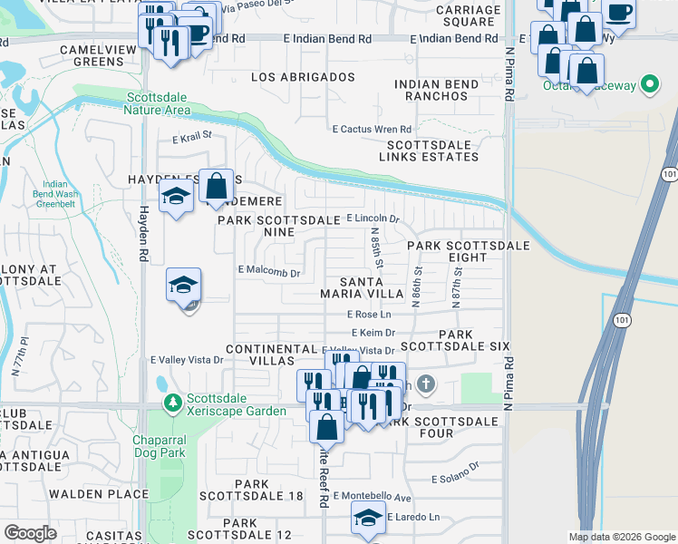 map of restaurants, bars, coffee shops, grocery stores, and more near 8401 East Citrus Way in Scottsdale