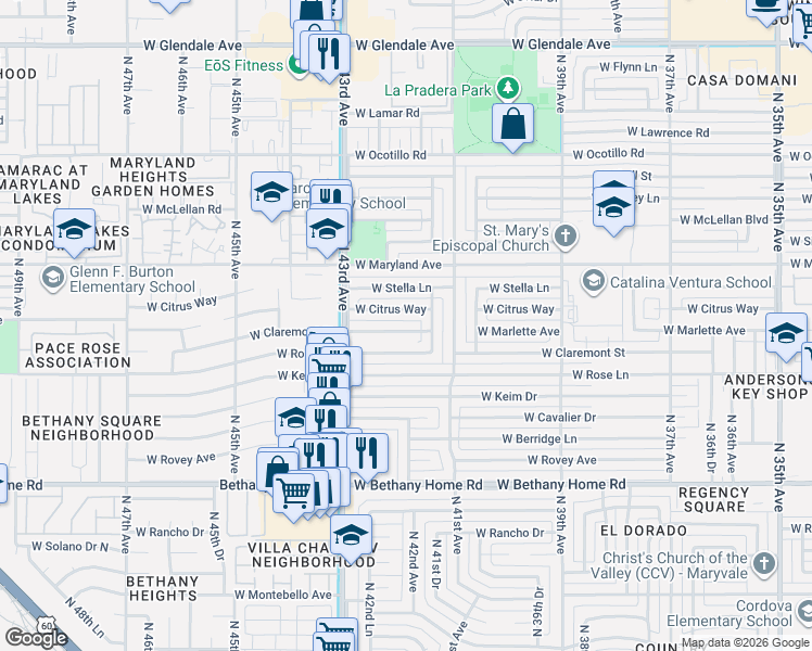 map of restaurants, bars, coffee shops, grocery stores, and more near 4141 West Citrus Way in Phoenix