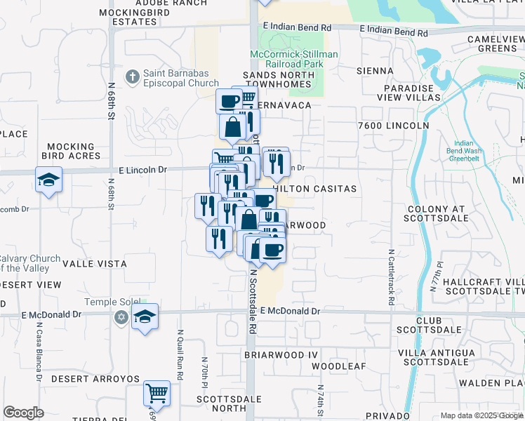 map of restaurants, bars, coffee shops, grocery stores, and more near 6263 North Scottsdale Road in Scottsdale