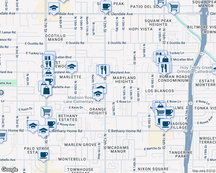 map of restaurants, bars, coffee shops, grocery stores, and more near 6301 North 12th Street in Phoenix