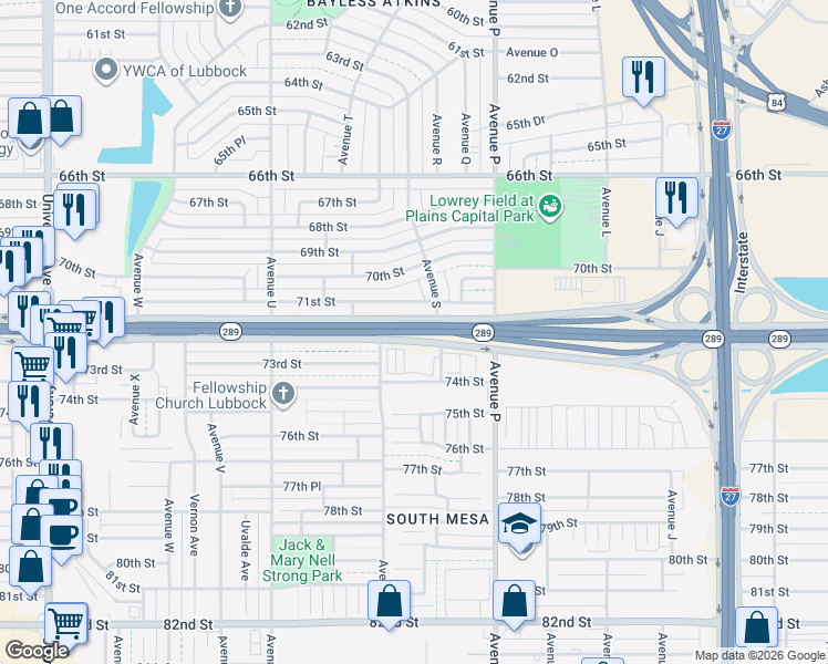 map of restaurants, bars, coffee shops, grocery stores, and more near Texas 289 Loop in Lubbock