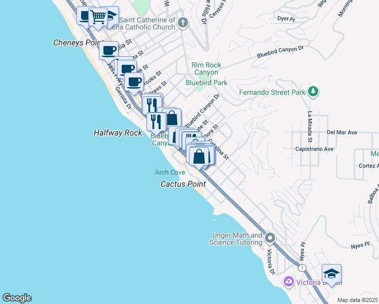 map of restaurants, bars, coffee shops, grocery stores, and more near 1750 South Coast Highway in Laguna Beach