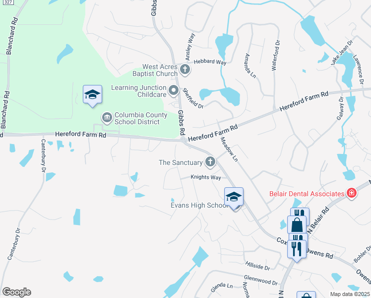 map of restaurants, bars, coffee shops, grocery stores, and more near 4624 Cox Road in Evans