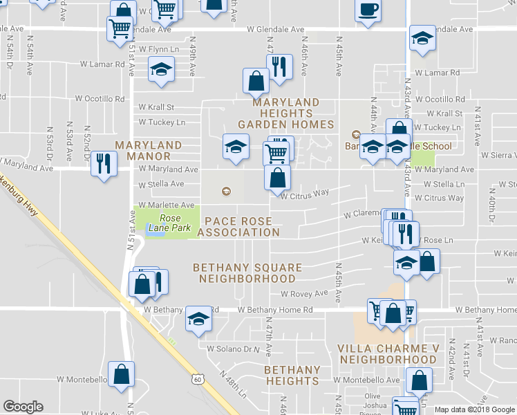 map of restaurants, bars, coffee shops, grocery stores, and more near 6372 North 47th Avenue in Glendale