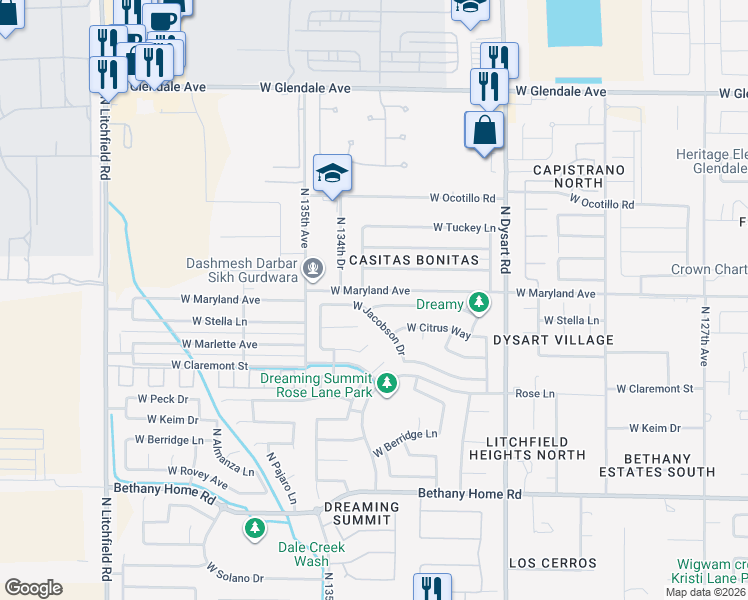 map of restaurants, bars, coffee shops, grocery stores, and more near 13338 West Maryland Avenue in Litchfield Park