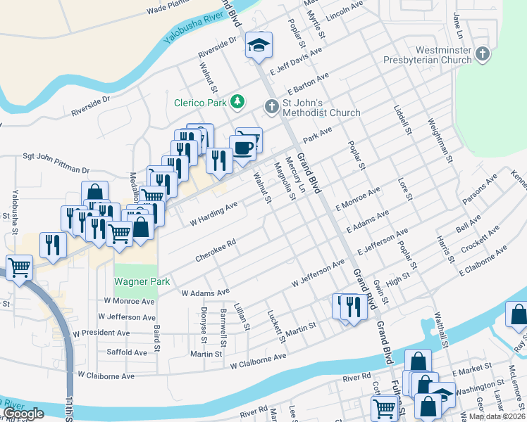 map of restaurants, bars, coffee shops, grocery stores, and more near 304 West Cleveland Avenue in Greenwood
