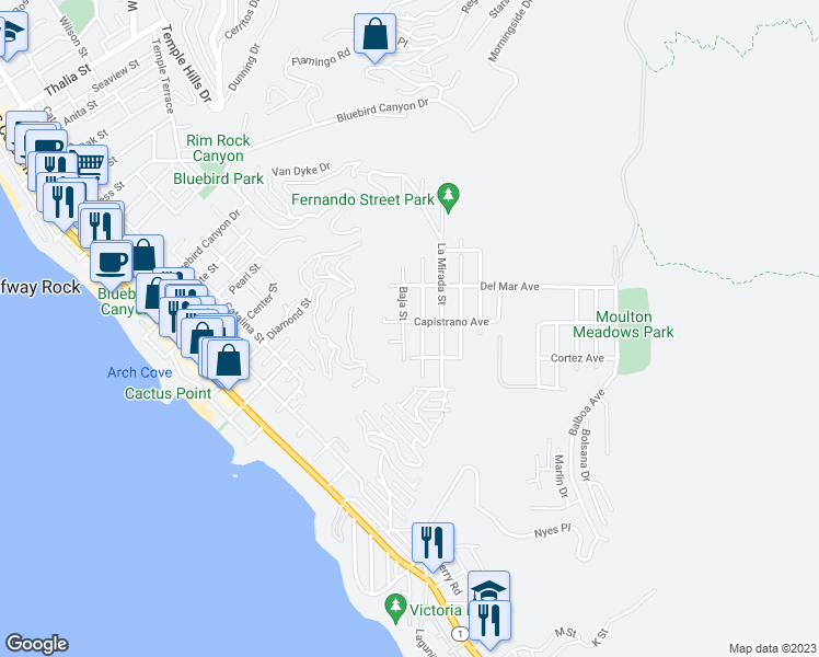 map of restaurants, bars, coffee shops, grocery stores, and more near 1025 Capistrano Avenue in Laguna Beach