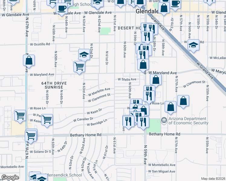 map of restaurants, bars, coffee shops, grocery stores, and more near 6302 North 61st Avenue in Glendale