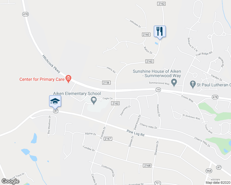 map of restaurants, bars, coffee shops, grocery stores, and more near 1843 Huntsman Drive in Aiken