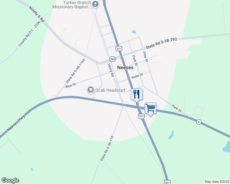 map of restaurants, bars, coffee shops, grocery stores, and more near 200-254 State Road S-38-118 in Neeses
