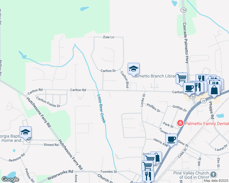 map of restaurants, bars, coffee shops, grocery stores, and more near 515 Carlton Road in Palmetto