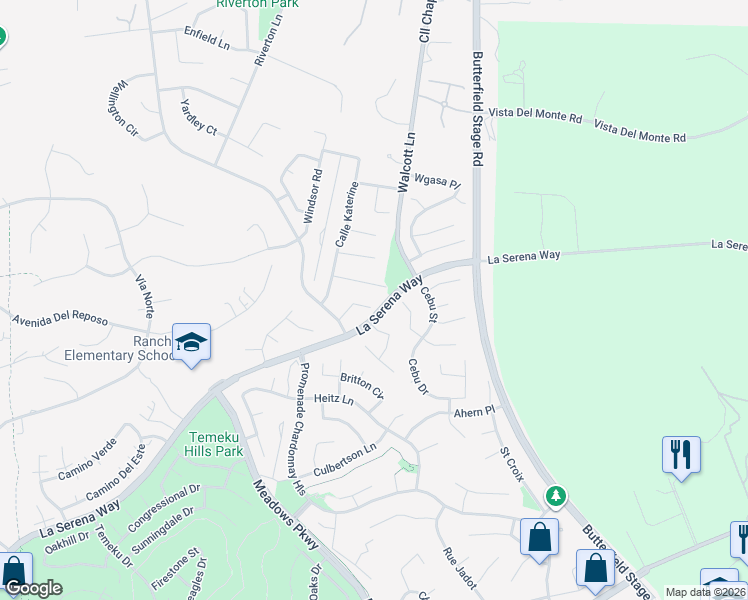 map of restaurants, bars, coffee shops, grocery stores, and more near 31943 Leigh Lane in Temecula
