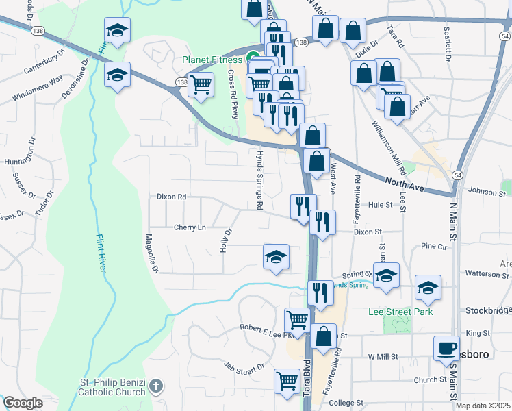 map of restaurants, bars, coffee shops, grocery stores, and more near 756 Hynds Springs Road in Jonesboro