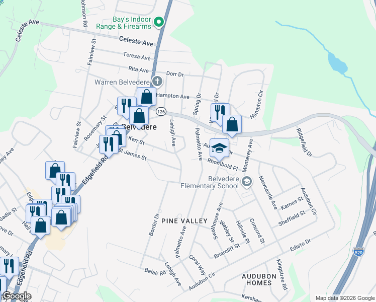 map of restaurants, bars, coffee shops, grocery stores, and more near 112 Horseshoe Road in North Augusta