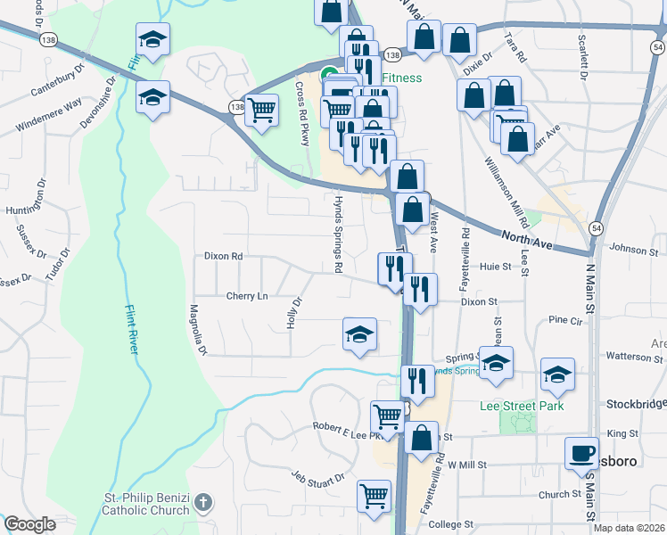 map of restaurants, bars, coffee shops, grocery stores, and more near 756 Dixon Road in Jonesboro