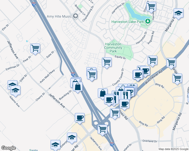 map of restaurants, bars, coffee shops, grocery stores, and more near 40417 Via Cava in Temecula