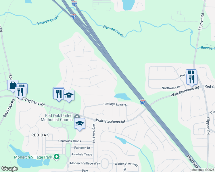map of restaurants, bars, coffee shops, grocery stores, and more near 513 Bruin Court in Stockbridge