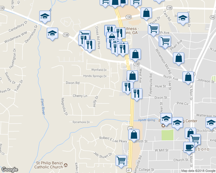 map of restaurants, bars, coffee shops, grocery stores, and more near 756 Dixon Road in Jonesboro