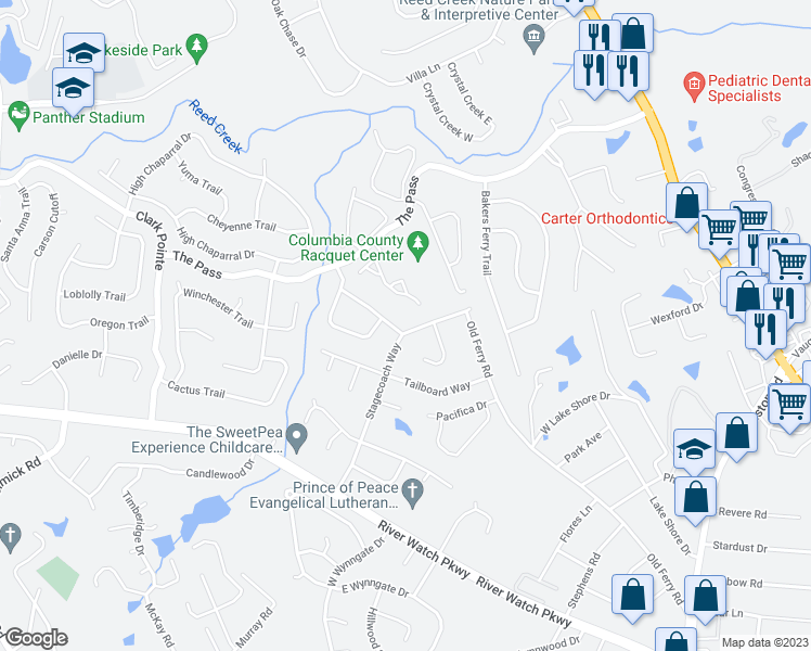 map of restaurants, bars, coffee shops, grocery stores, and more near 344 Stagecoach Way in Martinez