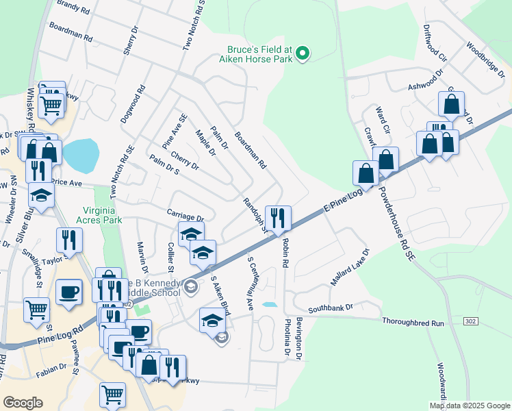 map of restaurants, bars, coffee shops, grocery stores, and more near 419 Chatham Street Southeast in Aiken