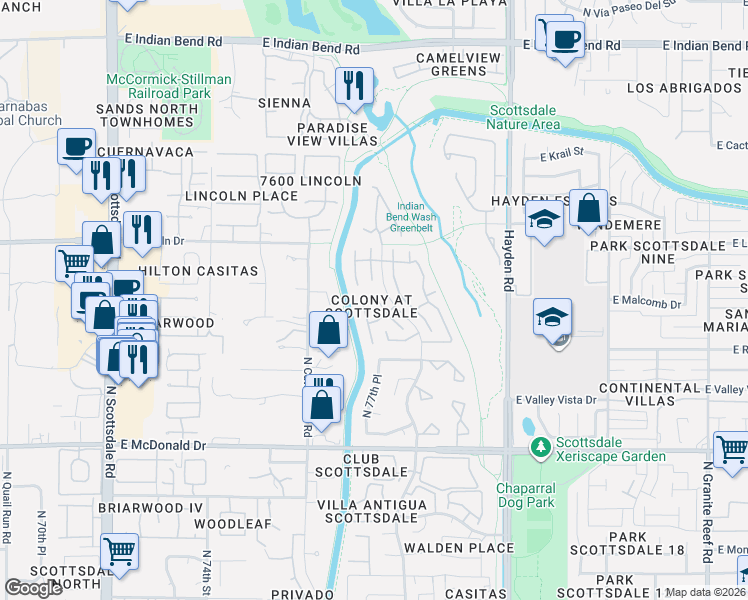 map of restaurants, bars, coffee shops, grocery stores, and more near 6416 North 78th Street in Scottsdale
