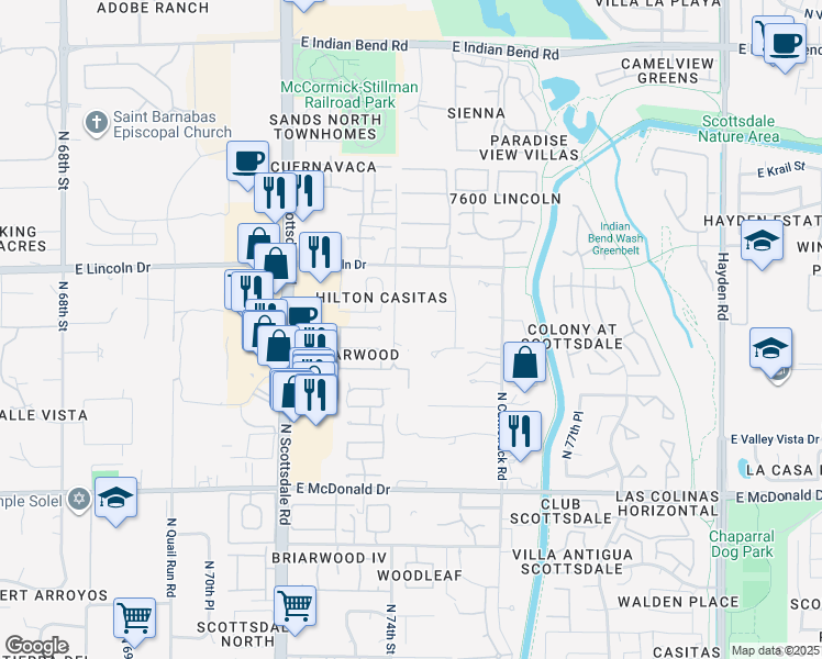 map of restaurants, bars, coffee shops, grocery stores, and more near 6311 North 74th Street in Scottsdale