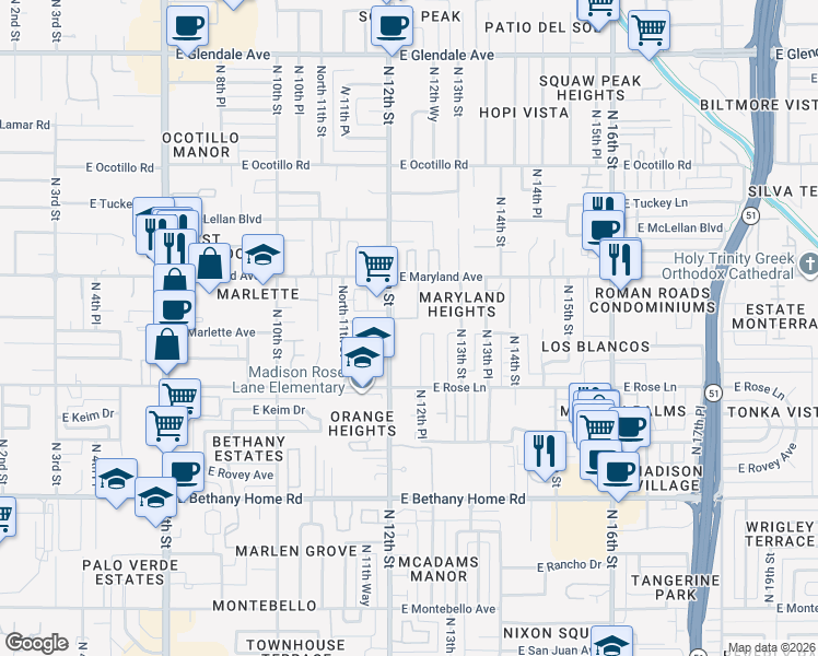 map of restaurants, bars, coffee shops, grocery stores, and more near 6301 North 12th Street in Phoenix