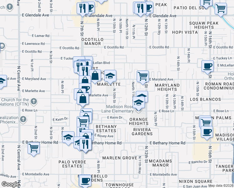 map of restaurants, bars, coffee shops, grocery stores, and more near 1004 East Citrus Way in Phoenix